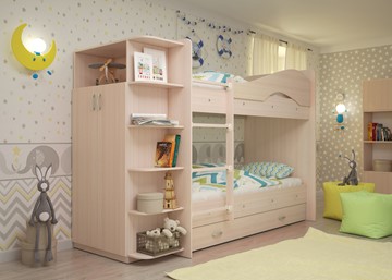 Двухэтажная кровать Мая на щитах со шкафом и ящиками, цвет Млечный дуб в Саранске