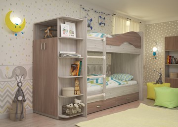 Детская двухэтажная кровать ТМК Мая на щитах со шкафом и ящиками, корпус Шимо светлый, фасад Шимо темный в Саранске