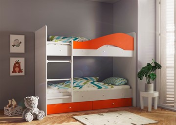 Детская 2-этажная кровать Мая с 2 ящиками на щитах, корпус Млечный дуб, фасад Оранжевый в Саранске