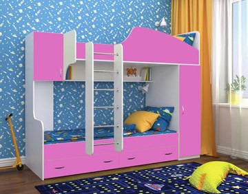 Детская кровать-шкаф Юниор-2, каркас Белое дерево, фасад Розовый в Саранске
