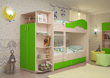 Двухъярусная детская кровать ТМК Мая на щитах со шкафом и ящиками, корпус Млечный дуб, фасад Салатовый в Саранске