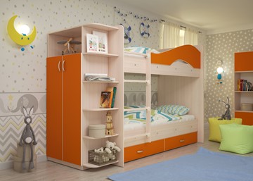 Детская 2-х ярусная кровать Мая на щитах со шкафом и ящиками, корпус Млечный дуб, фасад Оранжевый в Саранске