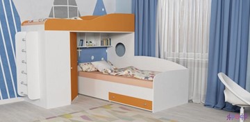 Детская кровать-шкаф Кадет-2 с металлической лестницей, корпус Белое дерево, фасад Оранжевый в Саранске