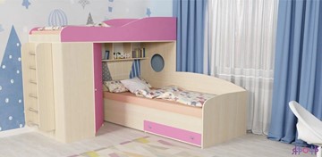 Детская кровать-шкаф Кадет-2 с металлической лестницей, корпус Дуб, фасад Розовый в Саранске