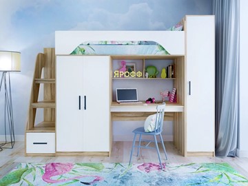 Кровать-чердак детская с шкафом Ярофф Тея, каркас Ясень, фасад Белый в Саранске