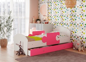 Детская кровать с бортиками и ящиком Мозайка, корпус Белый/фасад Розовый (ламели) в Саранске