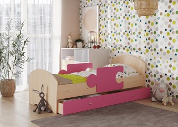 Детская кровать с бортиками и ящиком Мозайка, корпус Млечный дуб/фасад Розовый (ламели) в Саранске