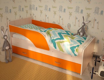 Кровать с бортиками Максимка, корпус Млечный дуб, фасад Оранжевый в Саранске