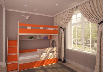 Двухъярусная детская кровать Ярофф Юниор-1 с бортом, каркас Дуб, фасад Оранжевый в Саранске