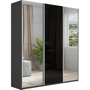 Шкаф 3-х дверный Широкий Прайм (2 Зеркала / Стекло черное) 2400x570x2300, Серый диамант в Саранске