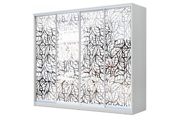 Шкаф-купе 4-х створчатый 24-4-24/2-6666, Пескоструйный рисунок "Лист", Белый в Саранске