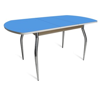 Кухонный раздвижной стол ПГ-07 СТ2, дуб молочный/синие стекло/35 хром гнутые металл в Саранске