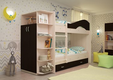 Двухъярусная кровать Мая на щитах со шкафом и ящиками, корпус Млечный дуб, фасад Венге в Саранске - предосмотр
