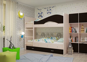 Детская  двухъярусная кровать Мая с 2 ящиками на щитах, корпус Млечный дуб, фасад Венге в Саранске - предосмотр 1