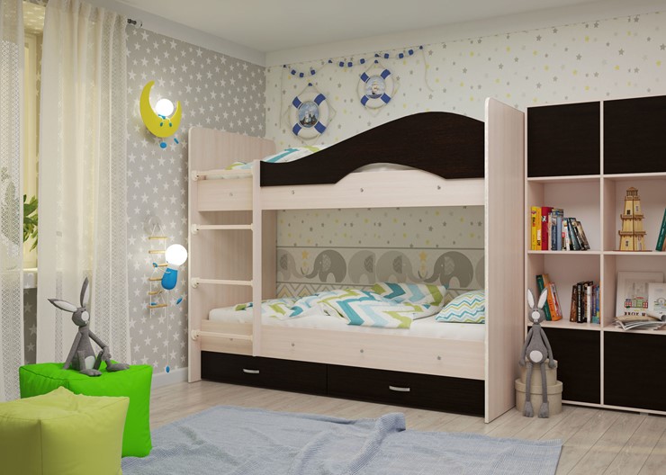 Детская  двухъярусная кровать Мая с 2 ящиками на щитах, корпус Млечный дуб, фасад Венге в Саранске - изображение 1