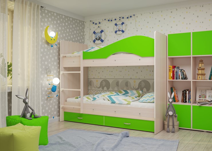 Детская 2-этажная кровать Мая на щитах, корпус Млечный дуб, фасад Салатовый в Саранске - изображение 2