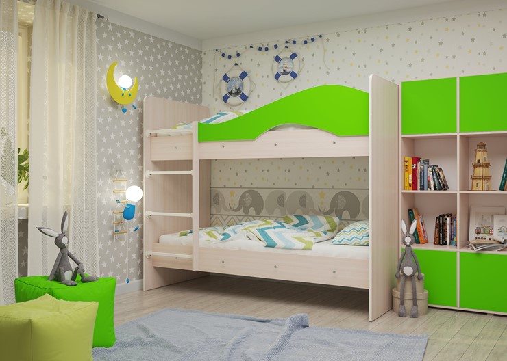 Детская 2-этажная кровать Мая на щитах, корпус Млечный дуб, фасад Салатовый в Саранске - изображение 1