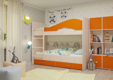 Детская 2-этажная кровать Мая с 2 ящиками на щитах, корпус Млечный дуб, фасад Оранжевый в Саранске - предосмотр 3