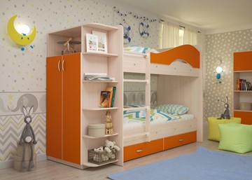 Детская 2-этажная кровать Мая с 2 ящиками на щитах, корпус Млечный дуб, фасад Оранжевый в Саранске - предосмотр 1