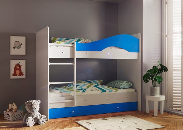 Кровать 2-ярусная Мая с 2 ящиками на щитах, корпус Млечный дуб, фасад Синий в Саранске - изображение