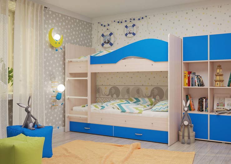 Кровать 2-ярусная Мая с 2 ящиками на щитах, корпус Млечный дуб, фасад Синий в Саранске - изображение 3