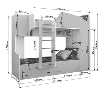 Детская двухэтажная кровать Юниор-2, каркас Ясень анкор темный, фасад Ирис в Саранске - предосмотр 1