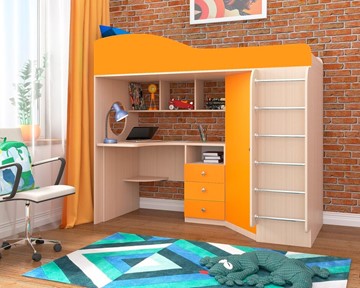 Кровать-чердак в детскую Кадет-1 с металлической лестницей, корпус Дуб, фасад Оранжевый в Саранске