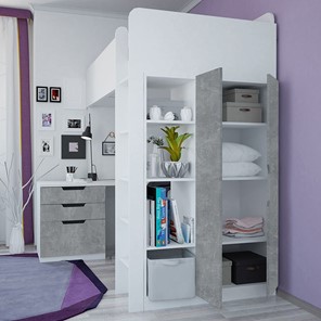 Кровать детская с письменным столом и шкафом POLINI Kids Simple Белый / Бетон в Саранске - предосмотр 2