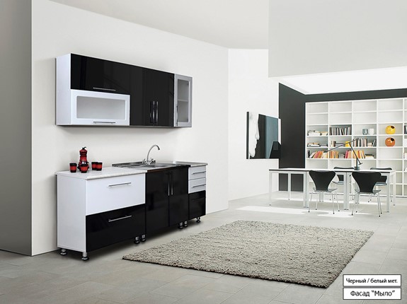 Гарнитур на кухню Мыло 224 2000х718, цвет Черный/Белый металлик в Саранске - изображение