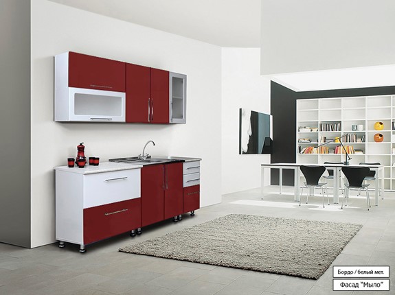 Гарнитур кухонный Мыло 224 2000х718, цвет Бордо/Белый металлик в Саранске - изображение