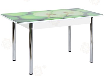 Обеденный раздвижной стол Айсберг-02 СТФ, белое лдсп/зеленые яблоки/ноги хром прямые в Саранске