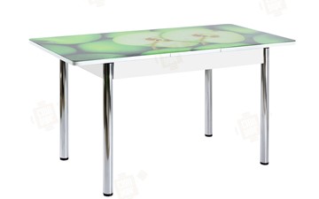 Обеденный раздвижной стол Айсберг-01 СТФ, белый/фотопечать зеленые яблоки/ноги хром круглые в Саранске