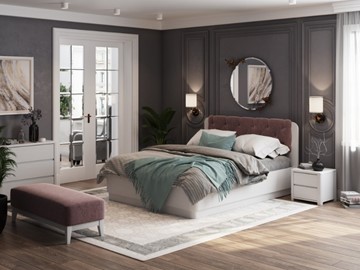 Кровать с подъемным механизмом Wood Home 1 160х200, Белая эмаль (сосна) с брашированием/Бентлей Нежно-лиловый в Саранске