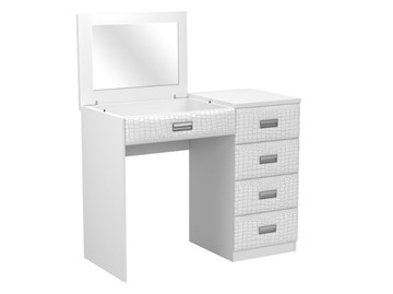 Столик косметический Como/Veda, с зеркалом, 4 ящика, правый, ЛДСП белый/Экокожа кайман белый в Саранске